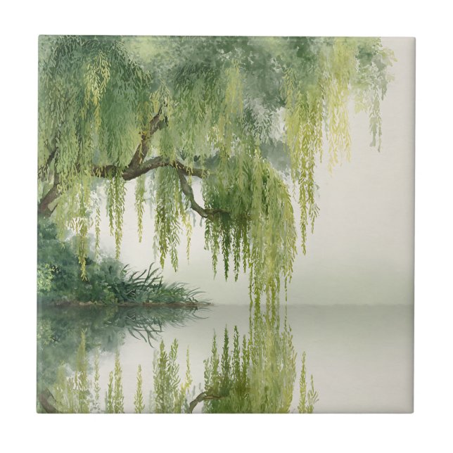 Serene Willow Tree Reflection Nature Art (14) Tile (Front)