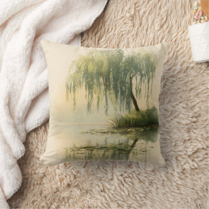 Serene Willow Tree Reflection Nature Art (1) Cushion