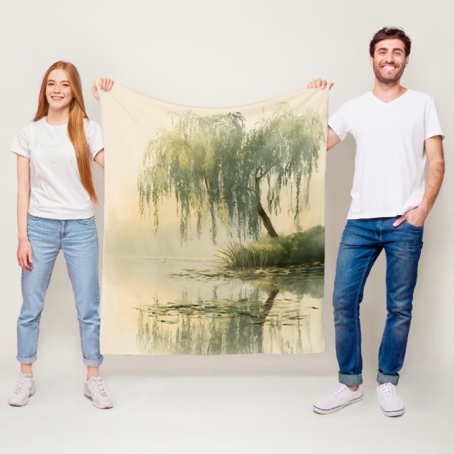 Serene Willow Tree Reflection Nature Art (1) Fleece Blanket (In Situ)