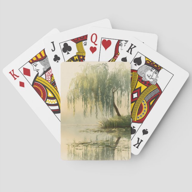 Serene Willow Tree Reflection Nature Art (1) Playing Cards (Back)
