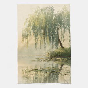 Serene Willow Tree Reflection Nature Art (1) Tea Towel