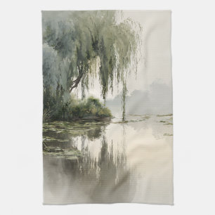 Serene Willow Tree Reflection Nature Art (2) Tea Towel