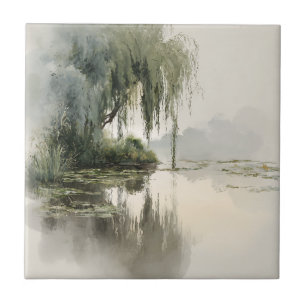 Serene Willow Tree Reflection Nature Art (2) Tile