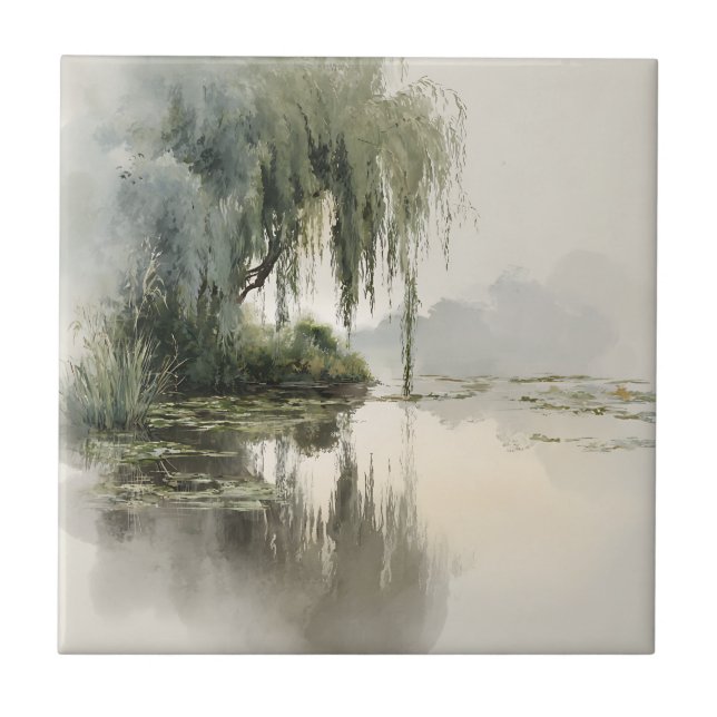 Serene Willow Tree Reflection Nature Art (2) Tile (Front)