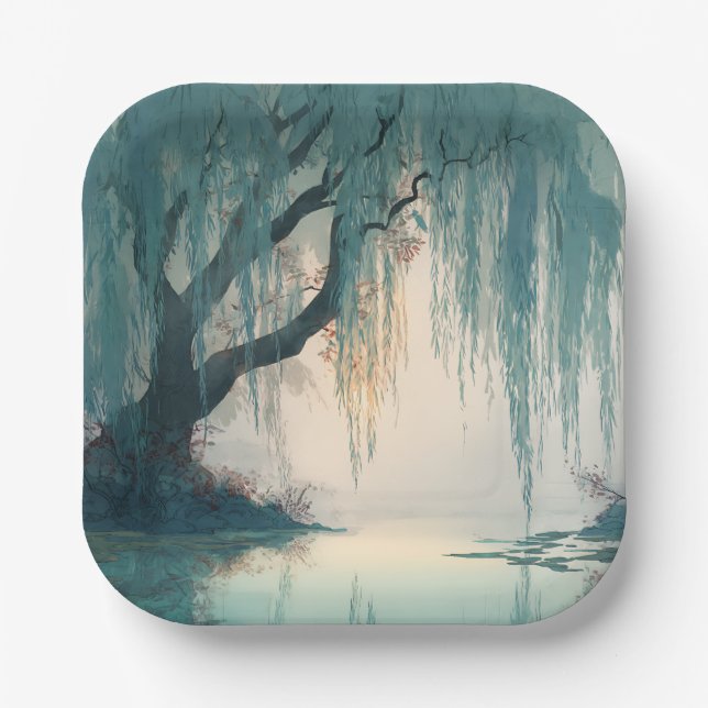 Serene Willow Tree Reflection Nature Art (3) Paper Plate (Front)