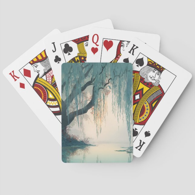 Serene Willow Tree Reflection Nature Art (3) Playing Cards (Back)