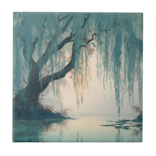 Serene Willow Tree Reflection Nature Art (3) Tile