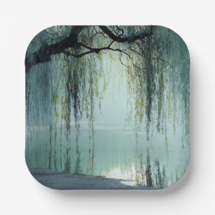 Serene Willow Tree Reflection Nature Art (4) Paper Plate