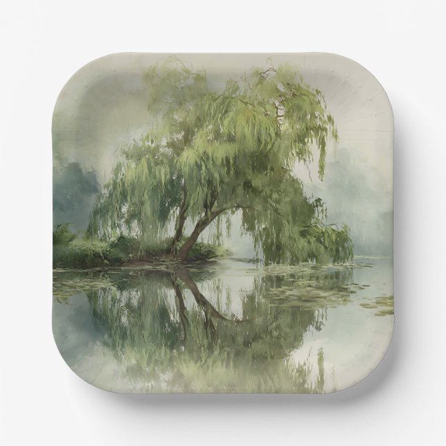 Serene Willow Tree Reflection Nature Art (5) Paper Plate (Front)