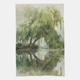 Serene Willow Tree Reflection Nature Art (5) Tea Towel