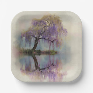 Serene Willow Tree Reflection Nature Art (6) Paper Plate