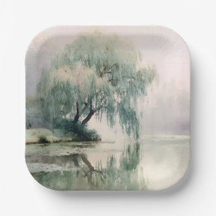 Serene Willow Tree Reflection Nature Art (7) Paper Plate