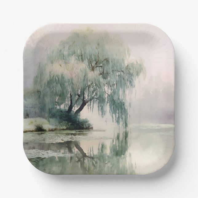 Serene Willow Tree Reflection Nature Art (7) Paper Plate (Front)