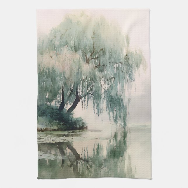 Serene Willow Tree Reflection Nature Art (7) Tea Towel (Vertical)