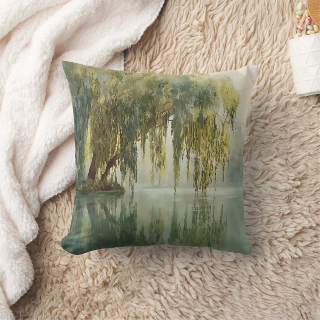 Serene Willow Tree Reflection Nature Art (8) Cushion (Blanket)