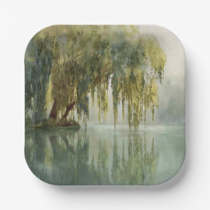 Serene Willow Tree Reflection Nature Art (8) Paper Plate