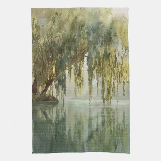 Serene Willow Tree Reflection Nature Art (8) Tea Towel (Vertical)
