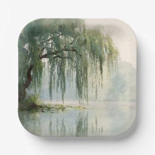 Serene Willow Tree Reflection Nature Art (9) Paper Plate