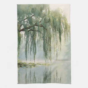 Serene Willow Tree Reflection Nature Art (9) Tea Towel