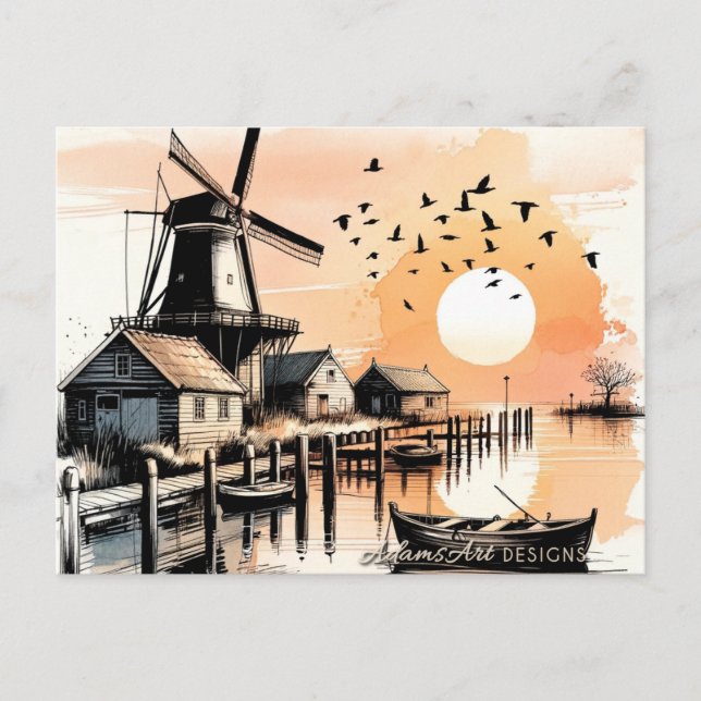 Serene Windmill Sunset Harbour Holiday Postcard (Front)