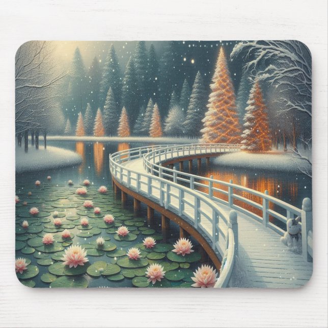 Serene Winter Christmas Scene on a Thick Computer Mouse Mat (Front)