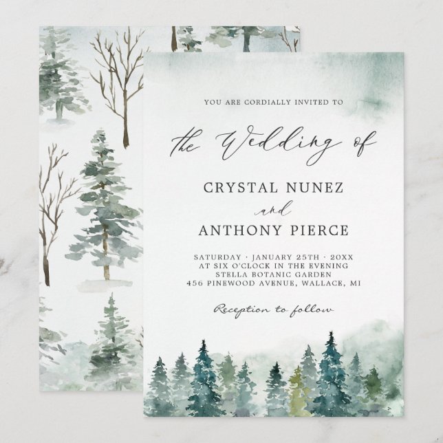 Serene Winter Forest Pine Trees Wedding Invitation (Front/Back)