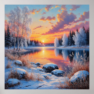Serene Winter Sunset Over a Snowy Forest Poster