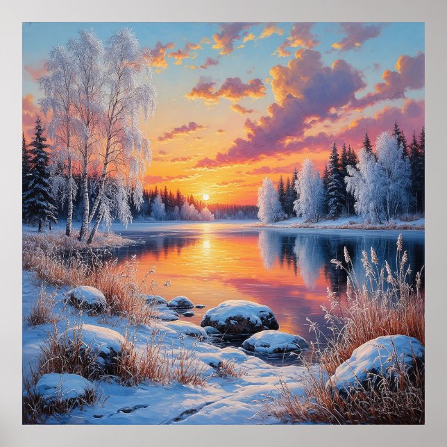 Serene Winter Sunset Over a Snowy Forest Poster (Front)