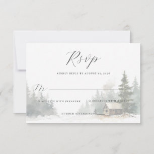 Serene Winter Watercolor Cabin Scene RSVP Card