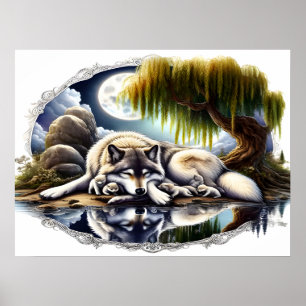 Serene Wolf Family Oasis in Idyllic Nature24x18 Poster
