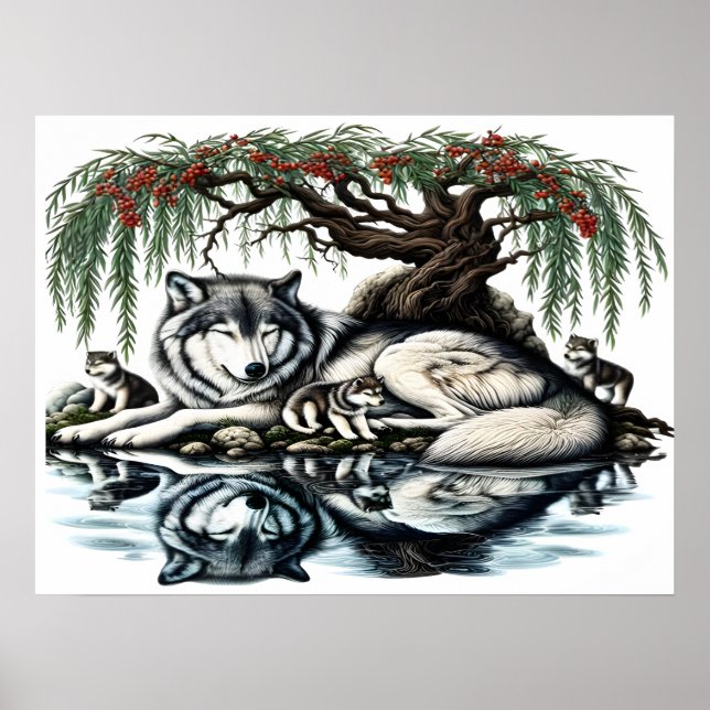 Serene Wolf Family Oasis in Idyllic Nature24x18 Poster (Front)