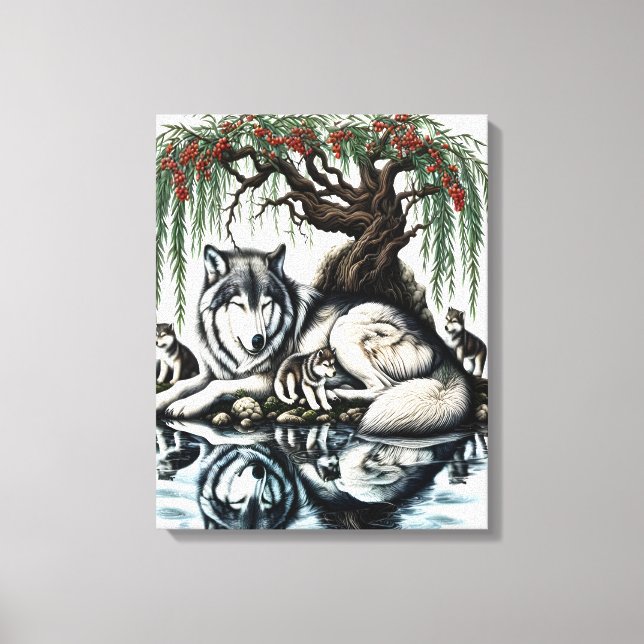 Serene Wolf Family Oasis in Idyllic Nature 16x20 Canvas Print (Front)