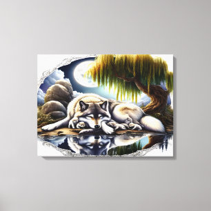 Serene Wolf Family Oasis in Idyllic Nature 24x18 Canvas Print