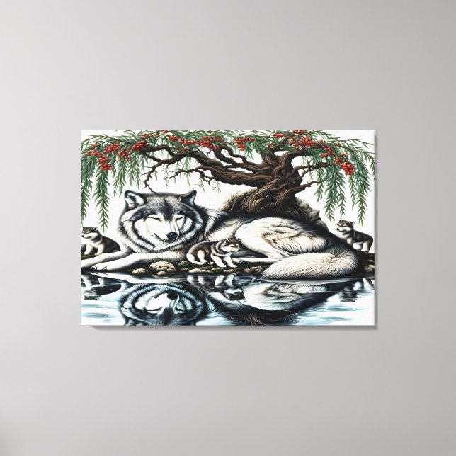 Serene Wolf Family Oasis in Idyllic Nature 36x24 Canvas Print (Front)