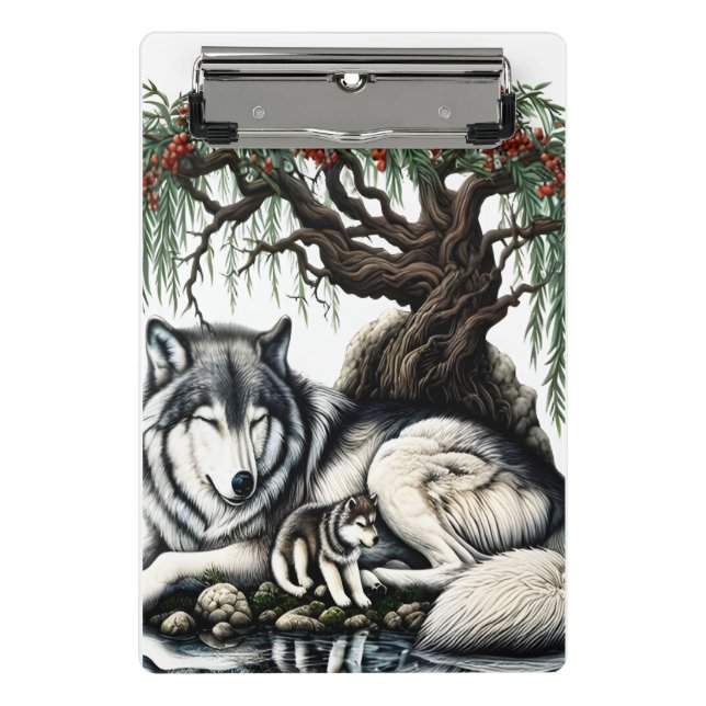 Serene Wolf Family Oasis in Idyllic Nature Mini Clipboard (Front)