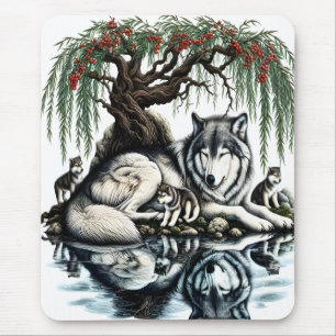 Serene Wolf Family Oasis in Idyllic Nature Mouse Mat