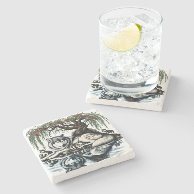 Serene Wolf Family Oasis in Idyllic Nature Stone Coaster (Side)
