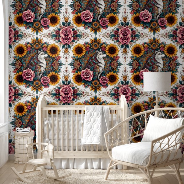 Serene Wolf & Sunflower Rose Elegance Wallpaper (Kids)