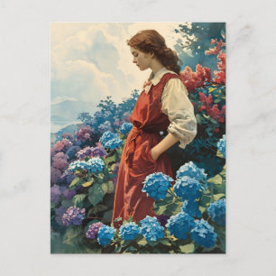 Serene Woman Amidst Colourful Hydrangeas Vintage Postcard