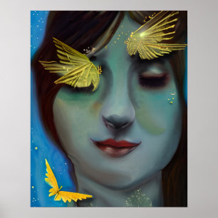 Serene Woman with Gold Fairylike Butterflies Poster