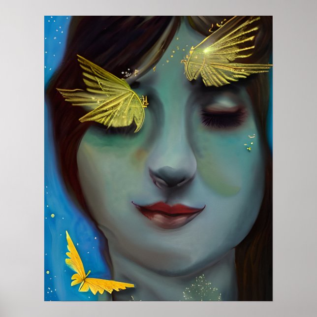 Serene Woman with Gold Fairylike Butterflies Poster (Front)