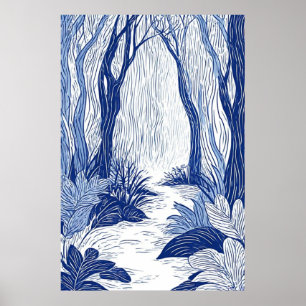 Serene Woodland Path: Blue Line Art Forest Poster