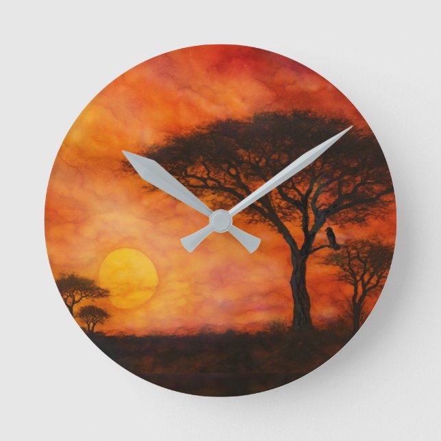 Serengeti Savanna Sunset Ink art  Round Clock (Front)