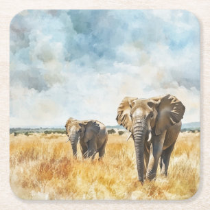 Serengetti Elephants Square Paper Coaster