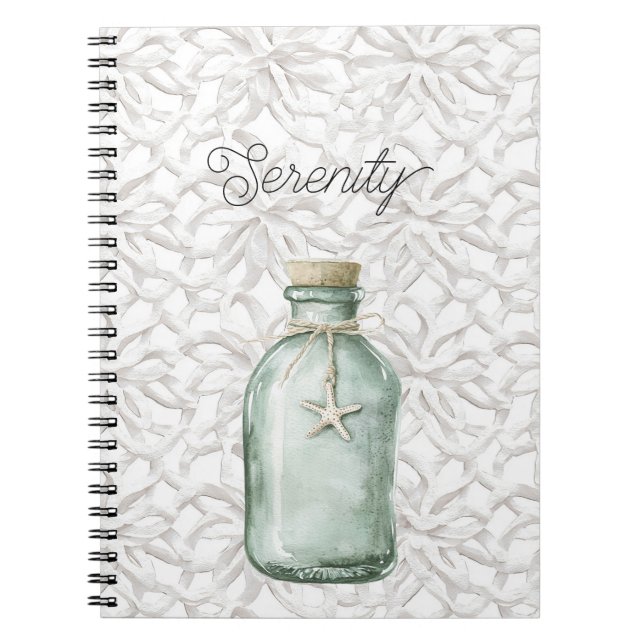 Serenity Beach White Coral Starfish Bottle Notebook (Front)