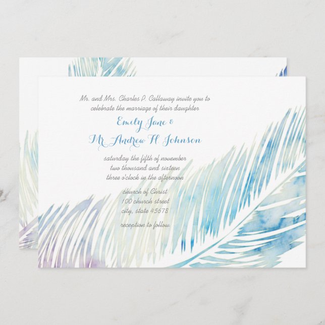 Serenity Blue and Purple Watercolor Feather Invitation (Front/Back)