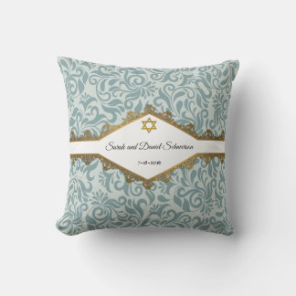 Serenity Blue Brocade Gold Lace Wedding Gift Cushion