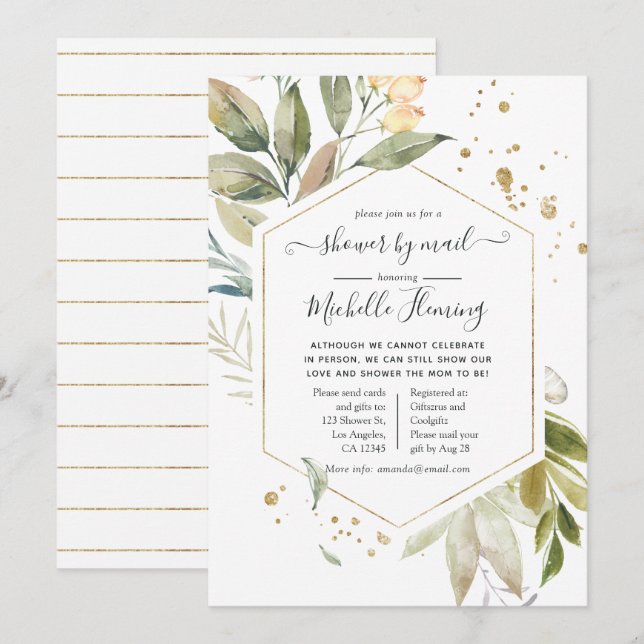 Serenity Greenery Geometric Baby Shower by Mail Invitation (Front/Back)