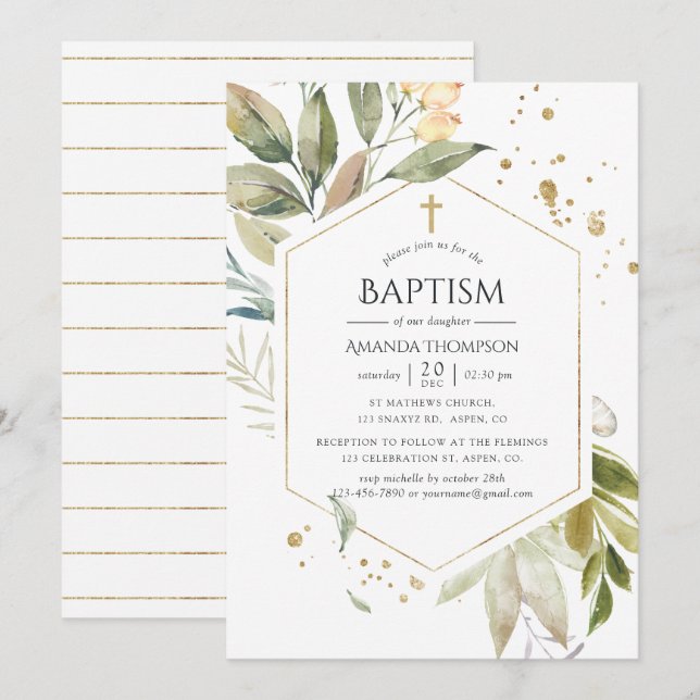 Serenity Greenery Geometric Baptism Invitation (Front/Back)