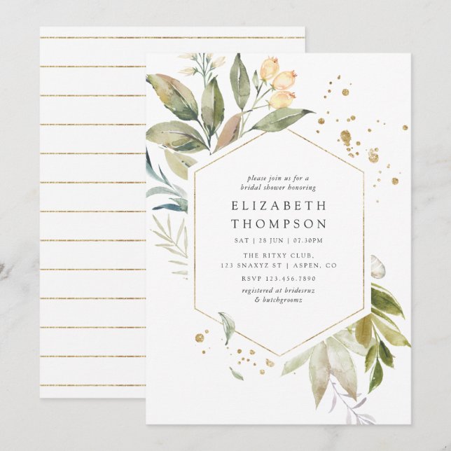 Serenity Greenery Geometric Bridal Shower Invitation (Front/Back)